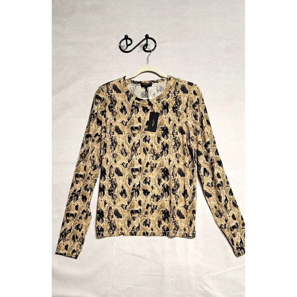 rag & bone Beige/Black Animal Print Knit LS Crew Neck Zip Back Top Size L